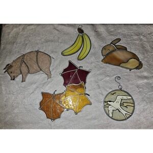 Lot of 5 Vintage stained glass sun catchers Pig Banana Leaf Bunny Bird